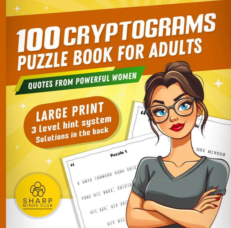 Book cover of “100 Cryptograms Puzzle Book for Adults” by Sharp Minds Club, featuring an illustrated woman with glasses standing confidently beside puzzle pages. The text highlights “Quotes from Powerful Women,” “Large Print,” and a “3-level hint system with solutions in the back.”