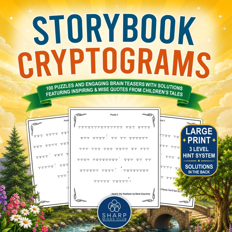 Front cover of Storybook Cryptograms by Sharp Minds Club featuring a bright golden fantasy landscape, large blue and orange title text, sample cryptogram puzzle pages, and a blue badge highlighting large print, 3-level hint system, and solutions in the back.